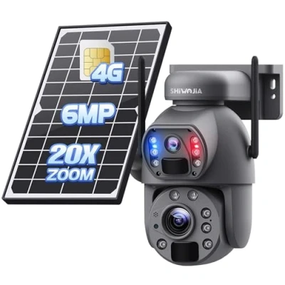 Image de SHIWOJIA Camera Double Objectif Extérieur Solaire 4g, Zoom 20x, 2K 6MP Exterieur sans Fil Solaire, Vision Nocturne Couleur, Détection Humaine PIR, IP66