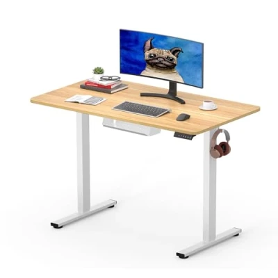 Image de SANODESK Bureau Assis Debout 100 x 60 cm avec Plateau de Table Complet, Réglable en Hauteur Électrique 4 Préréglages Mémoire, Panneau Intelligent et Crochets, Érable