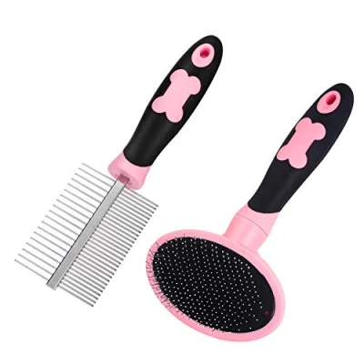 Image de tonyg p Kit de brosse toilettage pour chien, douce + peigne double face animaux compagnie petite, moyenne et grande taille à poils longs (rose)