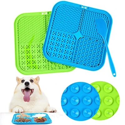 Image de Romon Tapis de Lèche Chien, 2Pcs 20x20cm Lécher pour Chien avec 1 Spatule Silicone, sans BPA Lechage Chat Ventouse Bain, Entraînement, Toilettage (Bleu+Vert)