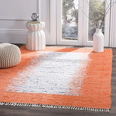 Image de SAFAVIEH MTK711 Grand Tapis de Salon rectangulaire pour Une Utilisation en intérieur, Coton, Ivoire/Orange, 90 X 150 cm