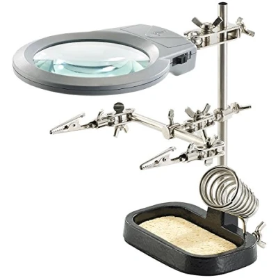 Image de Troisième main avec pinces de serrage, loupe à LED et support pour fer souder