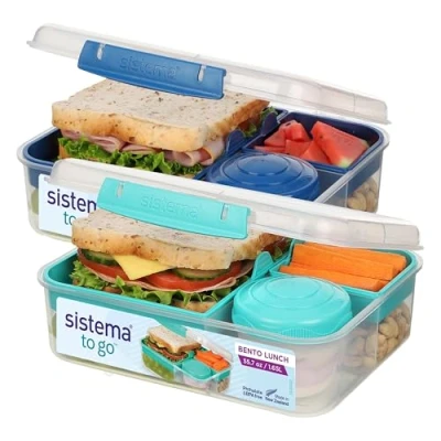 Image de Sistema Boîte à bento TO GO cubiques 1,25 L Boîtes repas pour l’école compartimentées avec pots en cas Sans BPA 2 unités Vert menthe &amp; bleu océan