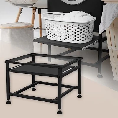 Image de ML Design Socle pour Machine à Laver avec Étagère Extensible, Noir, 62,5x53,5x45 cm, Acier, jusqu&#039;à 150kg, Pieds Réglables en Hauteur, Podium Surélévation Armoire Basse, Support Standard Séchoir