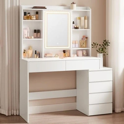 Image de VASAGLE Coiffeuse, Grand Miroir LED à Luminosité Réglable, Table de Maquillage avec Miroir, Compartiments Ouverts, Étagères Réglables, Moderne, Blanc Nuage RDT624W01