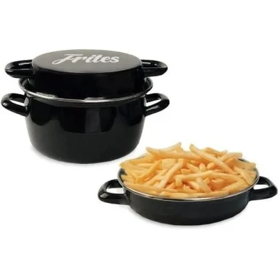 Image de Baumalu Friteuse coloris noir décor frites 26 cm couvercle émail et panier, BAU3216383111555