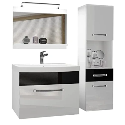 Image de BELINI Meuble de Salle Bain Lavabo Inclus, sous Vasque, Miroir et Cabinet Haut Largeur: 100 cm Kit d&#039;éclairage Inclus Couleur : Blanc très Brillant/Noir Brillant
