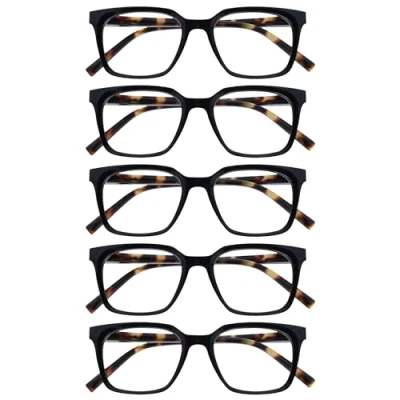Image de OPULIZE KOI Lunettes de Lecture Lot 5 Large Monture Rectangulaire Coloris Noir Hommes Femmes Charnières à Ressorts RRRRR50 1 +3.00