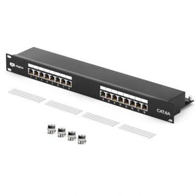 Image de HB DIGITAL Panneau de brassage 16 ports Cat 6a LSA blindé Noir distribution Cat.6a (500 MHz) 19&quot; Montage en rack serveur 1HE 16x RJ45 femelle Professional, TIA568A ou TIA568B Câble