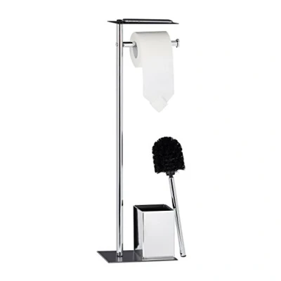 Image de Relaxdays Ensemble support brosse WC porte papier toilettes fer chromé serviteur HxlxP: 66,5 x 20 13,5 cm, noir/argenté