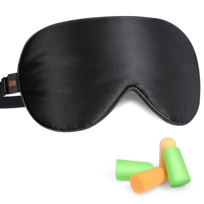 Image de Gritin Masque de Nuit, Sommeil, Anti Lumière Ultra Douce &amp; Confortable 100% Soie Naturelle Voyage Yeux avec Sangle Réglable et Bouchons d&#039;oreille pour Homme/Femme