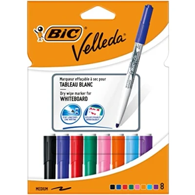 Image de BIC Velleda 1741 Feutres pour Tableau Blanc Effaçables à Sec, Pointe Conique Moyenne Couleurs Assorties, Pochette de 8