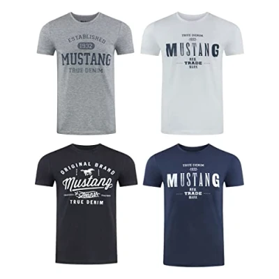 Image de Mustang Lot de 4 t shirts pour homme avec imprimé sur le devant et col rond Mélange couleurs bleu noir Multicolore Large