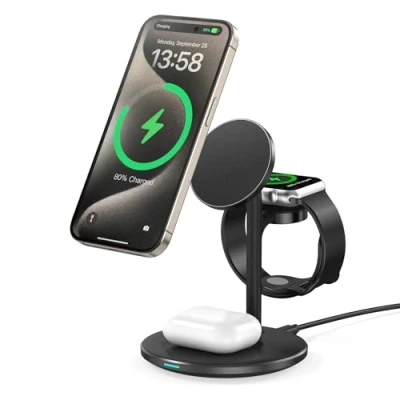 Image de Mag Safe Station de Charge inductive 15 W pour iPhone 14,3 en 1 Plusieurs appareils, Chargeur iWatch Ultra 2/1/Series 9, AirPods, Noir