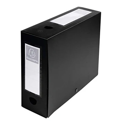 Image de Exacompta Réf. 59931E 10 boîtes d&#039;archives à pression en PP opaque Dos 100 mm Porte étiquettes sur les 2 faces Pour format A4 Dimensions 25 x 33 cm Couleur noir livrée plat