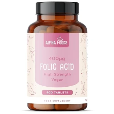 Image de Acide folique 400 mcg comprimés de vitamine B9 végétalienne Soins grossesse Réduit la Fatigue Complément pour femme enceinte, soutient croissance des tissus maternels Alpha Foods