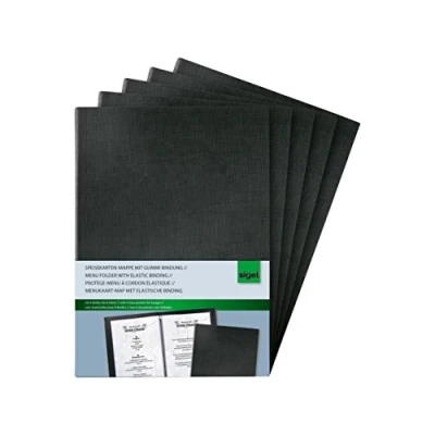 Image de SIGEL Sm115 Lot de 5 Protège Menus à Cordon Élastique, 17,5 X 24,5 1,2 cm, Similicuir Aspect Lin, Noir