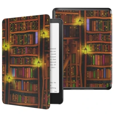 Image de MoKo Étui Compatible avec 7&quot;Kindle Paperwhite 12th Gen 2024&amp;Kindle Colorsoft Signature Edition 2024,Coque de protection légère en PU Auto Wake/Sleep pour Kindle 2024,Bibliothèque rétro