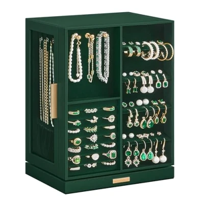 Image de SONGMICS Boîte à Bijoux Rotative 360, Coffret avec 5 Tiroirs, Fenêtres en Verre Latérales, Grand, Rangement pour Accessoires, Design Ouvert, Vert Forêt JBC170C01