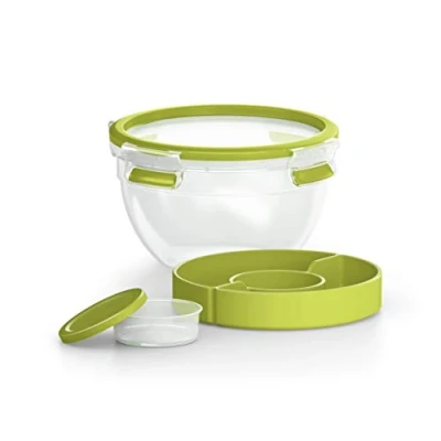 Image de Emsa Boîte à Salade avec 2 Compartiments Pratiques et Couvercle, Salade, Volume : 1 Litre, Transparent/Vert, Clip &amp; Go, 518097