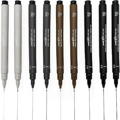 Image de Uni Pin Fineliner Set de 9 stylos à dessin Noir, gris foncé, clair et sépia 0,1/0,5 mm
