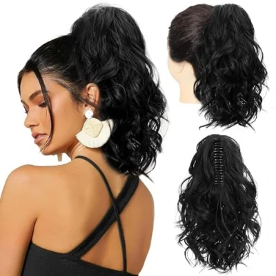 Image de RPAEOY Ponytail Cheveux Naturel Wave Bouclé 35 CM Longue Clip en Queue De Cheval Extension Synthétique Postiche (Noir)