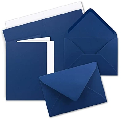 Image de Lot de 10 Cartes pliantes format A5 Bleu foncé avec enveloppes C5 et feuilles intérieures assorties en blanc vierges 14,8 x 21 cm