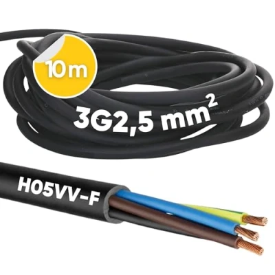 Image de Kalitec H05VV F Câble d&#039;alimentation 3 x 2,5 mm² 10 m Avec conducteur de protection en PVC pour l&#039;intérieur Noir lampe flexible d&#039;appareil fils