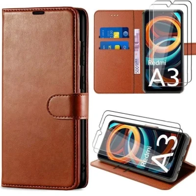 Image de Coque pour Xiaomi Redmi A3 E.F.CONNECTION Etui en Cuir PU Protection Antichoc Marron avec 2 Verres Trempés