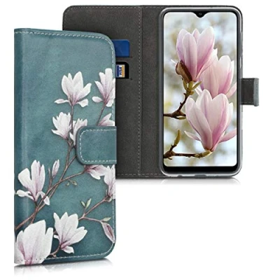 Image de kwmobile Coque Portefeuille Compatible avec Samsung Galaxy A10 Étui à Rabat Tissu Similicuir Compartiment Cartes Taupe Blanc Bleu Gris