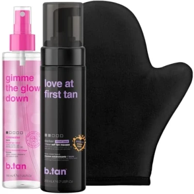 Image de b.tan Lovers Self Tanner Bundle Love at First Tanning Mousse to Knock Out Orange Tones with You Glow Girl Face + Body Gradual Tan Mist Plus Mitt Forth Boldy &amp; Save