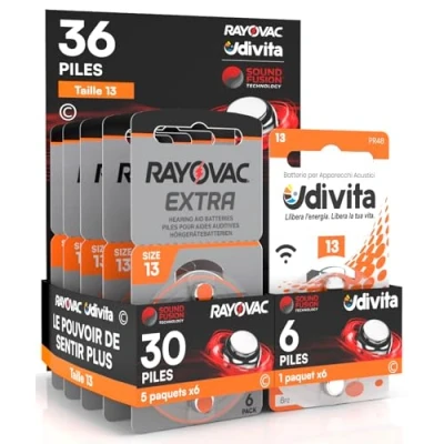 Image de 36 Piles à Usage Domestique pour appareils acoustiques Rayovac Extra Advanced 13 30 + 6 Udivita