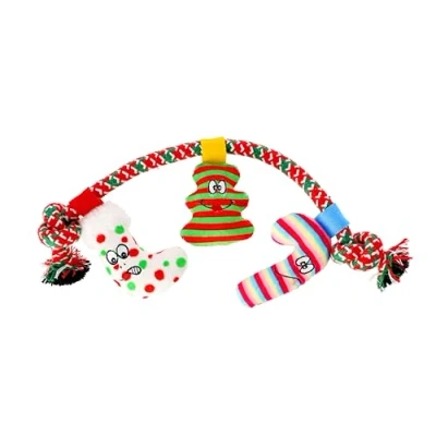 Image de Dingo Jouet pour Chien en Corde avec 3 Chaussettes Peluche et Couineur, Cadeau de Noël Amusant l&#039;Entraînement, la à Tirer, 34 cm Long, Multicolore 17478