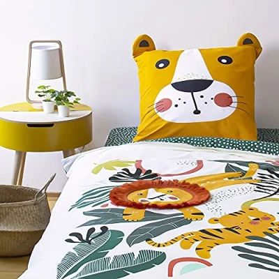 Image de CÔTE DECO Parure de lit Enfant Réversible Lion Vert et Jaune Housse Couette 140x200cm + 1 taie d&#039;oreiller 63x63cm 100% Coton