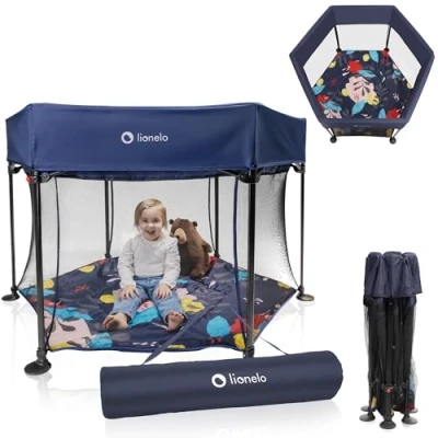 Image de LIONELO Roel, parc bebe, pliant, de grandes 135x118x83 cm, protection anti pliage LockGuard, lit bébé, mobiles, parcs, tapis jeu, grand et stable, fond renforcé (BLUE NAVY)