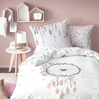 Image de MATT &amp; ROSE Parure de Lit Enfant 140x200 cm Attrape Coeur Imprimés Réversibles rêve 100% Coton Oeko TEX Housse Couette Fille + 1 Taie d&#039;oreiller 65x65 Blanc