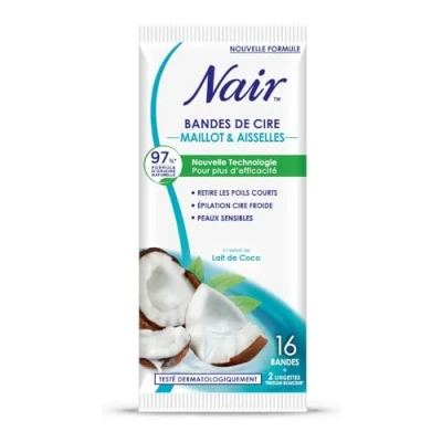 Image de NAIR Bandes de Cire Froide Maillot &amp; Aisselles à l&#039;Extrait Lait Coco, 97% d&#039;Origine Naturelle, Sachet Nomade, 16 + 2 Lingettes &quot;Finition Douceur&quot;