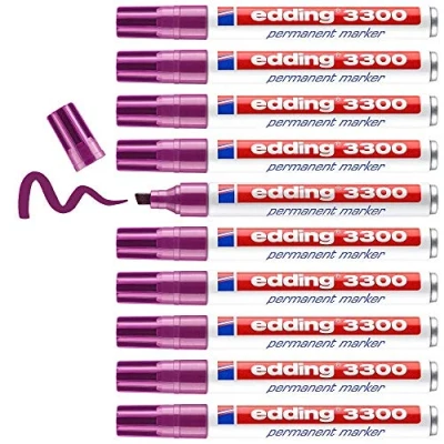 Image de edding 3300 marqueur permanent magenta 10 stylos pointe biseautée 1,5 3 mm sèche vite résiste à l&#039;eau et l&#039;essuyage pour carton, plastique, bois, métal universel