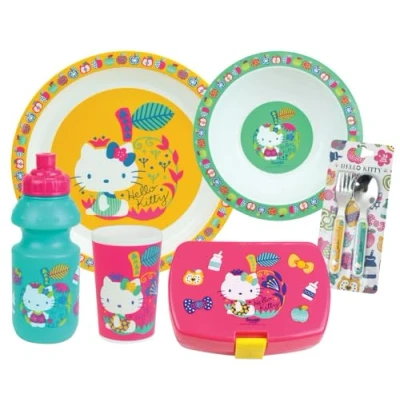 Image de HELLO KITTY LOT VAISSELLE POUR ENFANT AVEC 1 VERRE 220 ML, ASSIETTE CREUSE Ø 16 CM, 22 GOURDE 350 BOITE GOUTER ET 2 COUVERTS H.13.5 CM REUTILISABLE