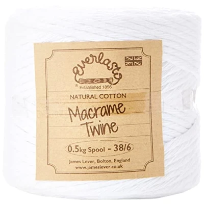 Image de EVERLASTO Bobine de ficelle en coton doux pour macramé 38/6 (4 mm environ) Blanc neige 0,5 kg