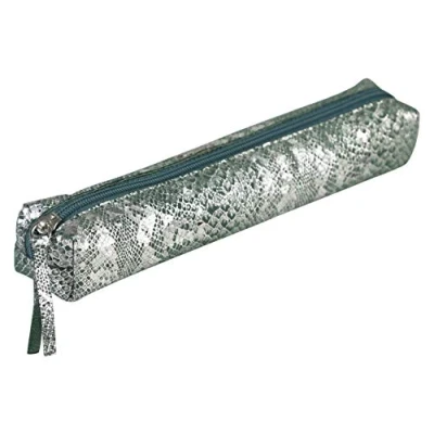 Image de Clairefontaine 410097C Petite Trousse Slim Céleste 19,5x2,5x4 cm en Véritable Cuir d&#039;Agneau, Lazer Vert + Argent