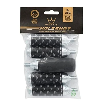 Image de Peaty&#039;s Pack de Recharge fileté pour Cartouche CO2 (Paquet 5) et Manchon Protection Contre Le Gel avec Conception Unique à Base fermée, Carton recyclé Sac biodégradable VTT (25 g)