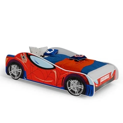 Image de KOBI Lit Enfant Spider Car 160 x 80 cm Multicolore Thème Spiderman Super héros Enfants Garcon Fille avec Sommier et Matelas Cabane Barriere