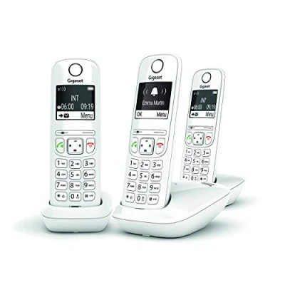 Image de Gigaset AS690 Trio Téléphone fixe sans fil, 3 combinés avec grand écran rétroéclairé pour un affichage ultra lisible, fonction blocage d&#039;appels Blanc [Version Française]