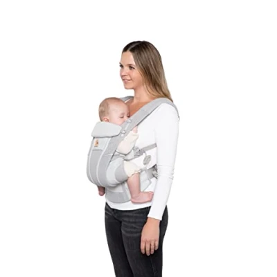 Image de porte bébé Ergobaby Omni Breeze pour nouveau nés, de la naissance à 20,4 kg, ergonomique 4 positions en Mesh SoftFlex™ portage ventral, sur le côté et dans dos (Pearl Grey)