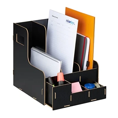 Image de Relaxdays Porte Documents, 3 Compartiments, Format A4, Organiseur Bureau, Travail et école, Rangement, MDF, Noir