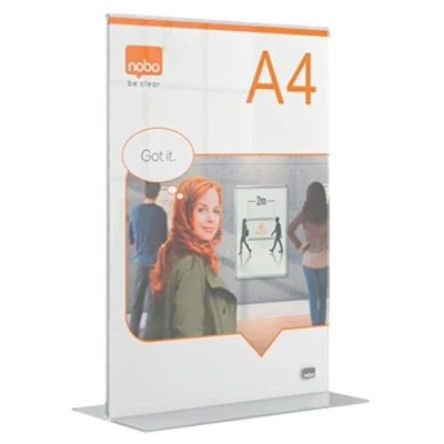 Image de Nobo Porte Affiche A4 Autoportant en Acrylique, Sans Cadre, Recto/Verso, Pied de Support Intégré, Premium Plus, Transparent, 1915594