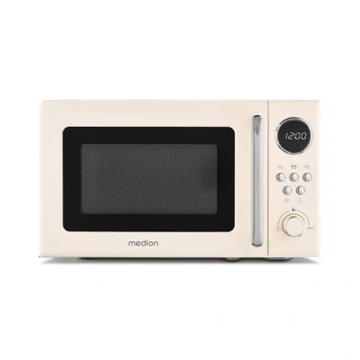 Image de MEDION micro ondes rétro (20 litres, env. 800 watts, 5 niveaux de ondes, 8 programmes automatiques, affichage numérique, fonction décongélation, compact, MD15000) beige