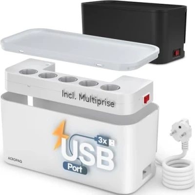 Image de ACROPAQ Boite Cache Cable 8 en 1 Range avec Multiprise 5 Prises, 3 USB A, Câble 2M Boîtier de Rangement Prise Electrique La Blanche 30 x 14 cm