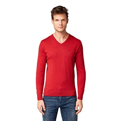 Image de TOM TAILOR Homme Pull basique avec col en V 1012820, 14823 Lumberjack Red Melange, M